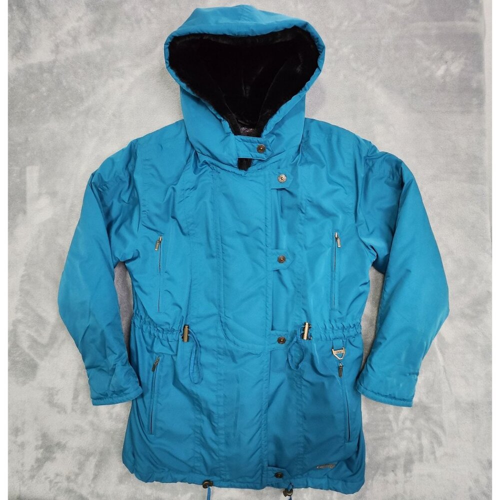 Vintage Collini Hooded Coat Parka 12 Blue Faux Fur Winter Jacket Ski Outdoors